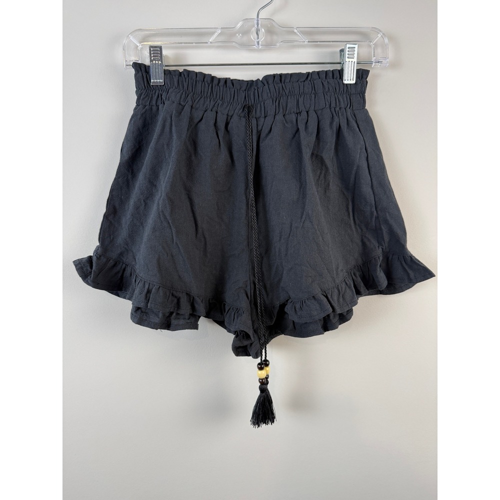 Shein Black Ruffle Hem Drawstring Shorts Women Small Elastic Waist Tassel Bead